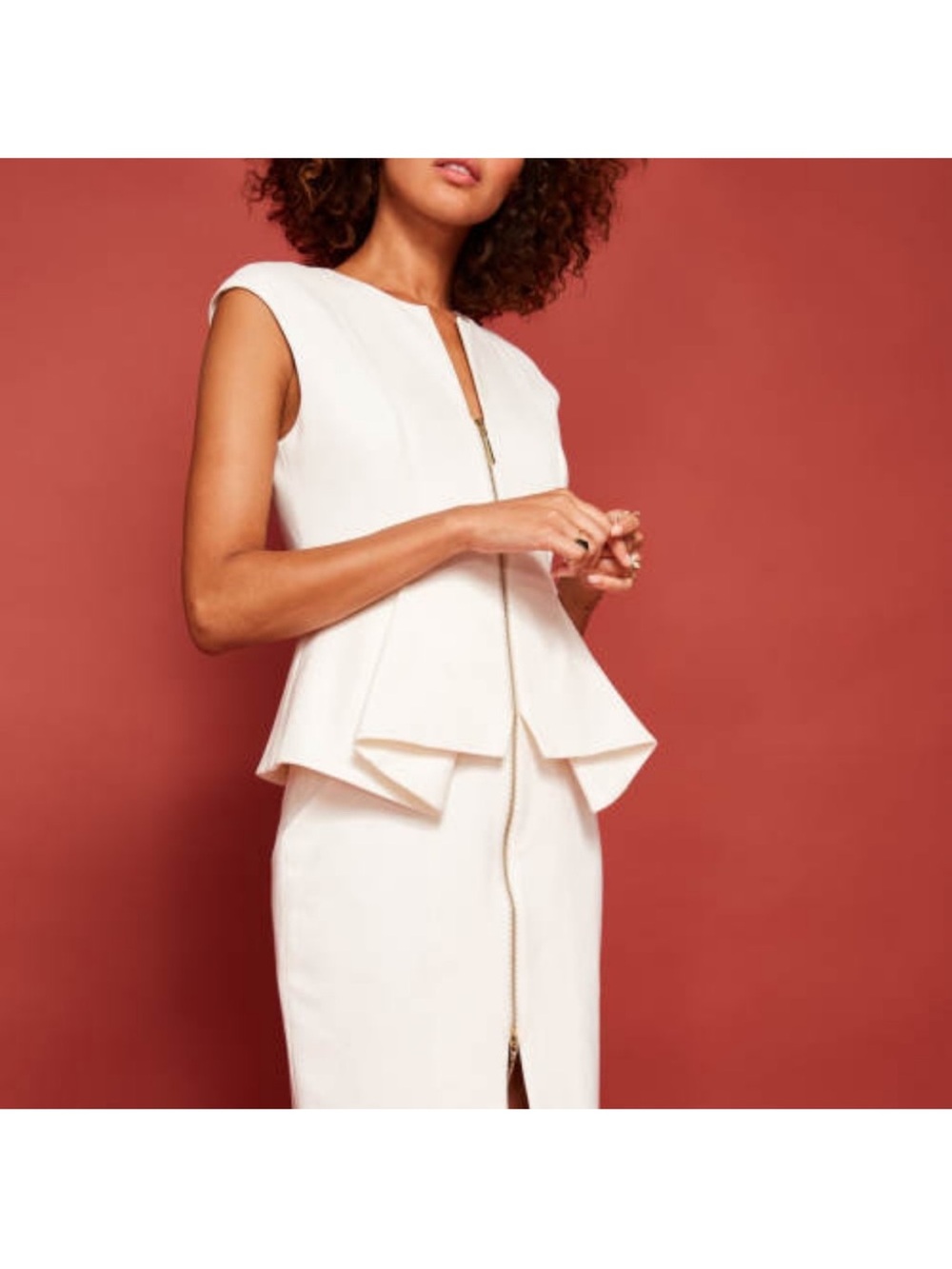 Ted Baker Ivory Sleeveless Peplum Midi Dress with Gold Zip Detail
